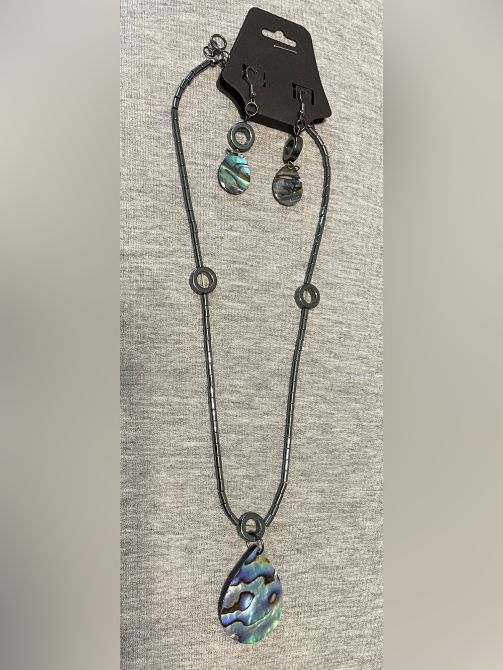 Abalone Teardrop Pendant, Hematite Necklace & Earring Set - Iridescent